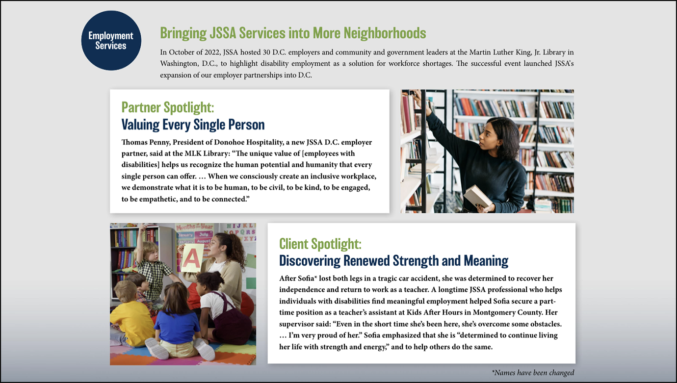 A screenshot of JSSA’s annual report, which provides strong nonprofit storytelling examples.